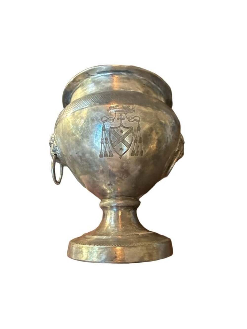 VNTG Silver Plated Mini Urn Pedestal Vase Lion Head Ring Handles, Heraldic Crest